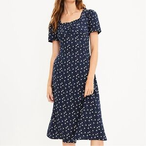 Loft Floral Cinched Midi Dress In Deep Space Blue. Pre-Owned.